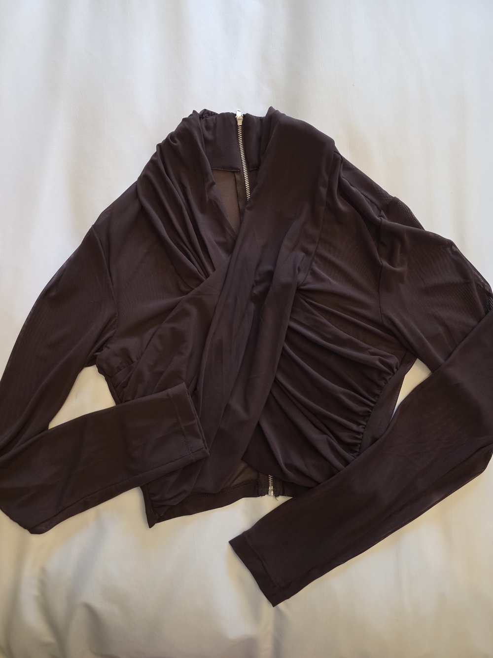 Bardot Dark Brown Long Sleeve Draped Crop Top